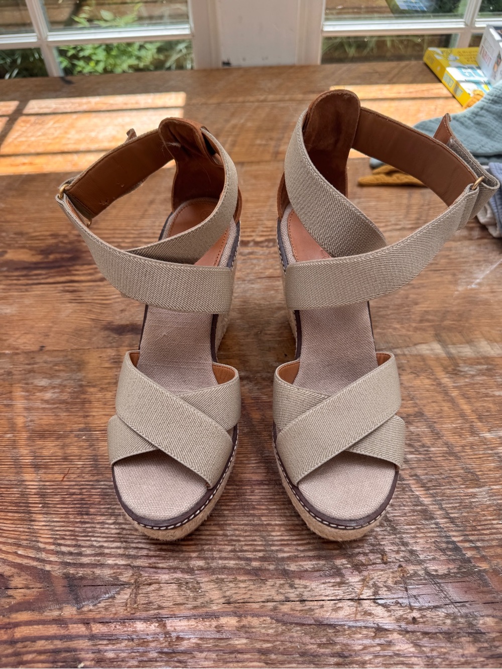 Tory Burch Neutral Beige Crisscross Elastic Wedge Sandals